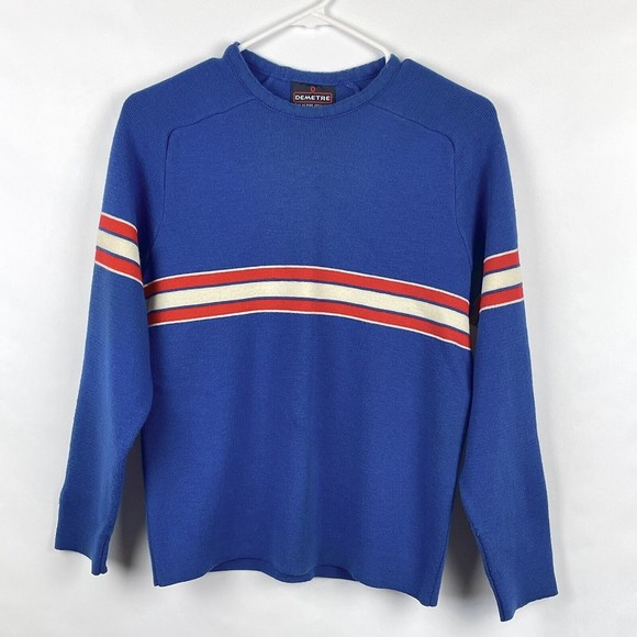 VTG Demetre Men's Size M 100% Virgin Wool Crewneck Striped Blue Sweater - READ! - Picture 1 of 16